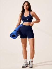 SHEIN Sports 一套藏蓝色无缝女士运动套装，露背无袖设计，柔软舒适贴身，适合健身、跑步、休闲、瑜伽等场合。 - 藏蓝色 - 查看 8