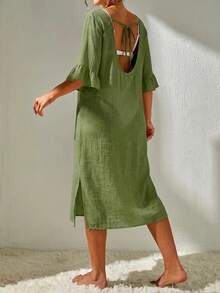 Swim Basics Women's Solid Color V-Neck Ruffle Sleeve Mask Dress For Vacation - Army Green - View 2