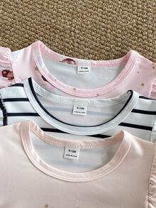 SHEIN Vintaside Kids 3套女嬰可愛粉色條紋波點花卉女孩圖案荷葉邊短袖柔軟T恤上衣與褲子套裝，日常春夏季 - 彩色 - 查看 4