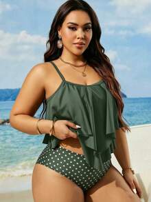 Swim Lushoire Plus Size Women's Summer Beach Ruffle Strap Tankini Set - Multicolor - View 5
