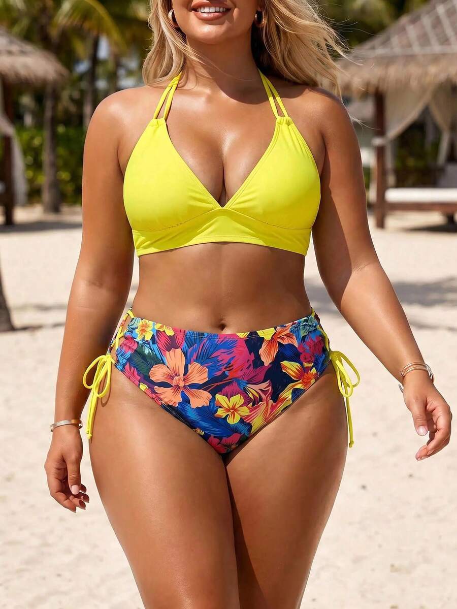 Swim Lushoire Traje de baño de 2 piezas para mujer talla grande con top halter de cuello en V color liso & Bottom de bikini triángulo con cordón estampado para vacaciones y playa