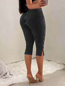 SHEIN SXY Fashionable Commuter Night Out Black And White Checkered Split Capri Length Leggings Summer - Black and White - View 2
