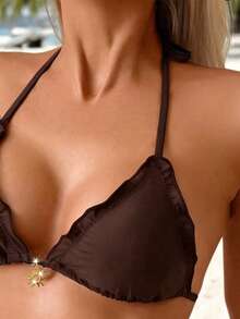Swim Vcay Women's Summer Vacation Gold Sun Decor Black Bikini Set Beachwear - Brown - View 4
