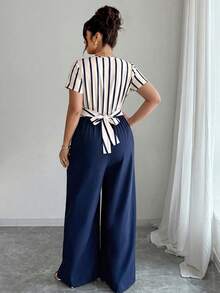Elenzga Women's Plus Size Spring/Autumn Short Sleeve Striped Patchwork Beaded Decor Jumpsuit, Suitable For Daily And Office Wear Elegant - Multicolor - View 2