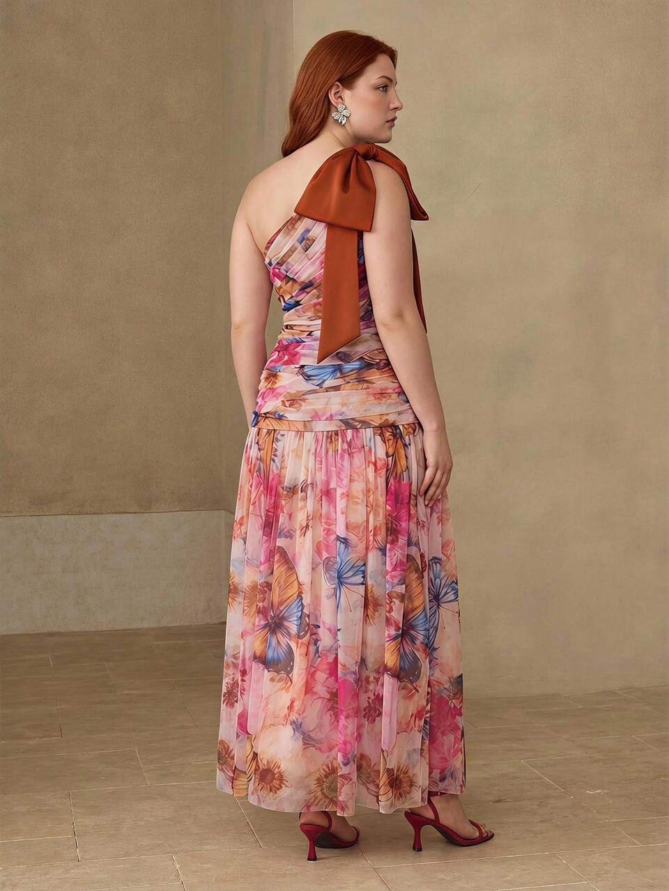 PLUS SIZE WOMEN'S SPRING/SUMMER MESH PRINTED ASYMMETRIC SHOULDER BOW DECOR DRESS