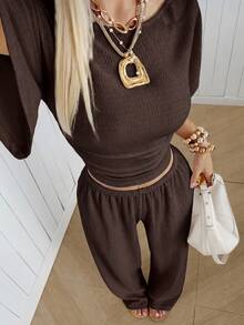 SHEIN EZwear Women's Solid Color Pleated Top And Elastic Waist Long Pants Casual Daily Set Brunch Dark Brown Summer - Coffee Brown - View 7