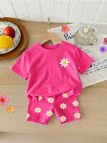 2pcs Young Girl Casual Set, Daisy Face Print Crew Neck Short Sleeve Top With Matching Elastic Waist Shorts, Suitable For Outings, Shopping And Daily Wear In Spring And Summer - Multicolor - View 6