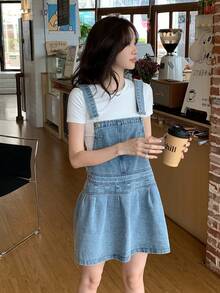 DAZY Women's Girls Korean Style Washed Casual Denim Dress School Cute Tops - Blue - View 3