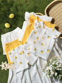SHEIN Vintaside Kids 女嬰 6件/3套田園休閒風檸檬波點圖案荷葉邊飛袖圓領上衣與配套印花短褲多件套裝，適合日常穿著、外出與度假 - 彩色 - 查看 3
