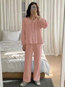 DAZY Sweet Fresh Light Blue All Cotton Gathered Ruffle Design Loose 2pcs Women's Pajama Set - Baby Pink - View 5