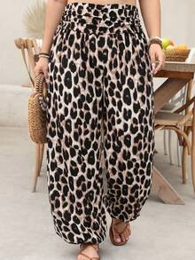 EMERY ROSE Plus Size Women's Beach Vacation Ruched Waist Leopard Print Jogger Pants Fall - Multicolor - View 1