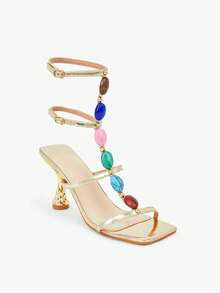 Glitzique Sexy & Fashionable Gold Color High Heel Square-Toe Sandals Jewel-Decorated Roman Sandals With Kitten Heels,Spring Summer Outfits - Gold - View 6