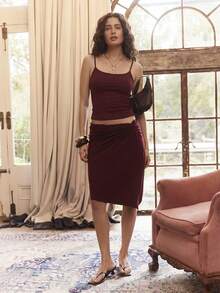 Aralina Women's Autumn Lace Waist Trim Detail Asymmetrical Hem Ruched Front Detail Holiday Vacation Beach Date Work Festival Knee Length Skirt Burgundy Casual - Burgundy - View 8