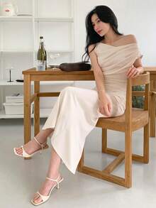 DAZY Women's Cowl Neck Wrap Skirt Mermaid Skirt 2pcs Set - Beige - View 4