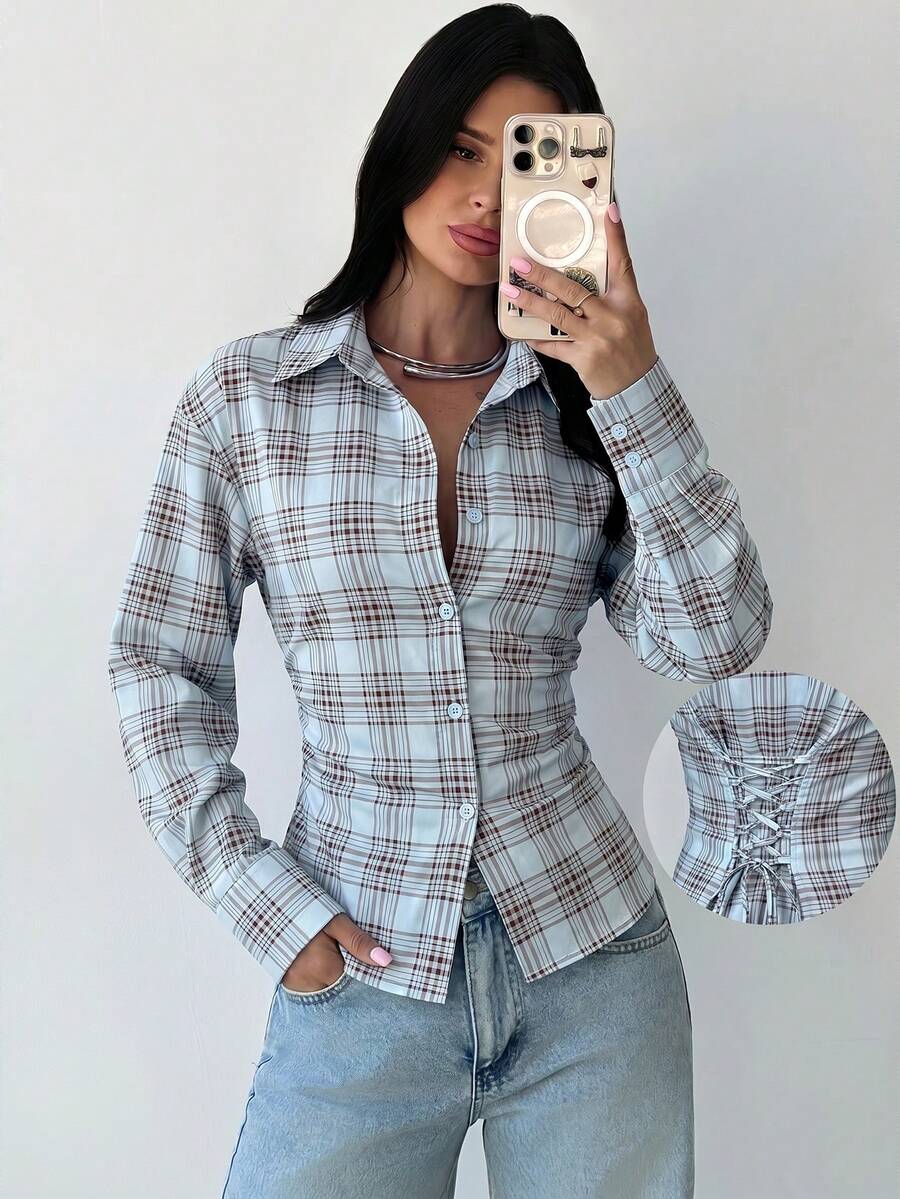Firerie Women's Blue And White Striped Long Sleeve Shirt, Back Ruched ...
