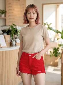 SHEIN PETITE 女士休闲日常牛仔短裤，带口袋和做旧设计 - 紅色 - 查看 6