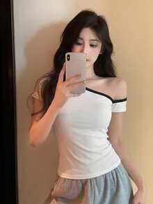 DAZY 女款圓領休閒素色修身T恤 - 白色 - 查看 5
