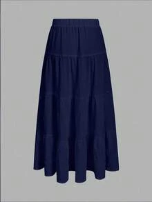 SHEIN EZwear Rok Kue Berlapis-lapis Kasual Wanita untuk Liburan, Cocok untuk Musim Panas - Biru - View 5