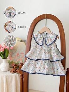 SHEIN LMoss Kids Robe d'été mignonne à col nœud pour Babygirl avec imprimé fleuri marguerite dans le style Mori Girl - Multicolore - Voir 3