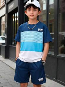 SHEIN 2pcs Kids Tween Boy Casual Comfortable Fashionable Minimalist Crew Neck Short Sleeve T-Shirt And Shorts Set, Classic Cool Striped Pattern Print, Color Block Pattern Print, Exquisite Palm Tree Small Logo Pattern Print, Suitable For Spring And Summer - White - View 6
