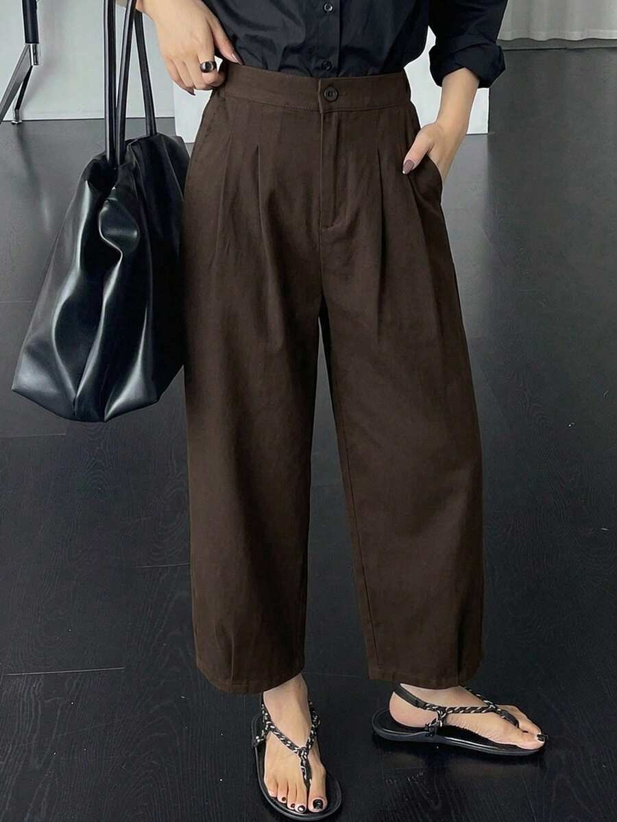 DAZY Celana Panjang Wanita Polos dengan Lipit dan Kantong, Cocok untuk Bisnis dan Kasual - Coklat - View 1