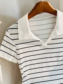 Franclia Women's Summer Casual Striped Short Sleeve T-Shirt - Black and White - View 5