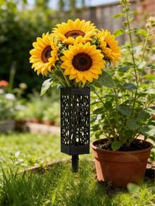 2 piezas Soportes para flores de tumba con estacas, jarrones cuadrados para cementerio para decoración de patio. Diseño hueco para fácil arreglo de flores, ideal para memorial de cementerio, marcador de jardín exterior & decoración floral de tumba. - Talla única - Ver 5