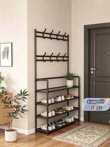 1pc Multi-Functional Iron Shoe Rack, 4/5 Tiers With 8 Hooks - Easy Assembly, Black Shoe Organizer Shelf - Multicolor - View 2