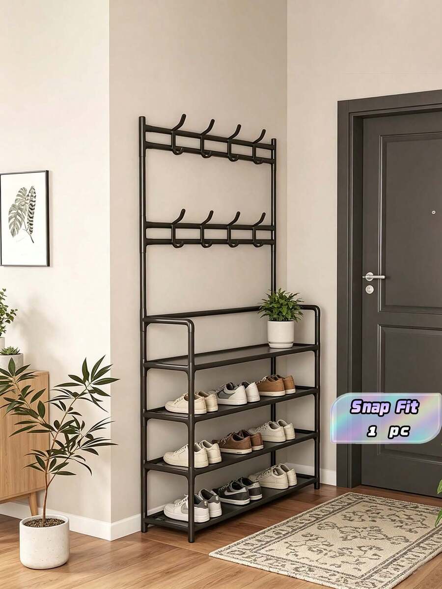 1pc Multi-Functional Iron Shoe Rack, 4/5 Tiers With 8 Hooks - Easy Assembly, Black Shoe Organizer Shelf