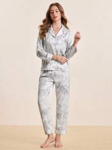 Hourtrue 2pcs Women's Ink Printing Ice Silk Simple Home Wear Long Sleeve Top And Pants Pajama Set, Two Pieces Set, Fall Winter Clothes - Grey - View 2