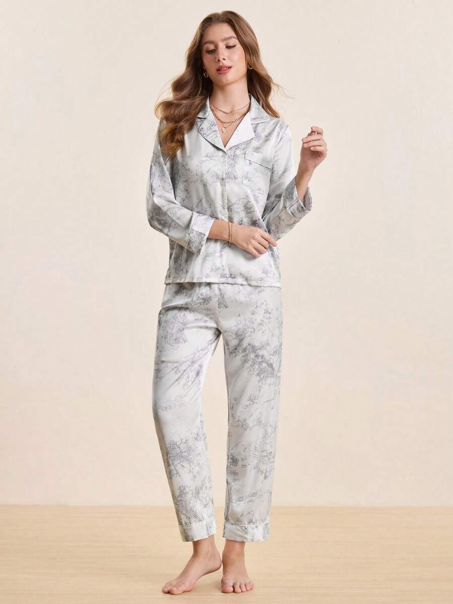 Hourtrue 2pcs Women's Ink Printing Ice Silk Simple Home Wear Long Sleeve Top And Pants Pajama Set, Two Pieces Set, Fall Winter Clothes