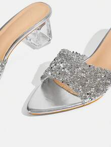 CUCCOO TILAWA Transparent Asymmetrical Thick Heel Pointed Women's Glass Rhinestone Sandals - Bright silver - View 8