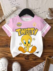 LOONEY TUNES X SHEIN Young Girl Casual Cute Colorblock Cartoon Print Round Neck Short Sleeve T-Shirt, Summer - White - View 8