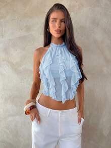 Aloruh Spring/Summer New Rave Tropical Backless Lace-Up Design Slit Baby Blue Elegant Multi-Layer Ruffle Decor Halter Neck Top, Tank Top - Baby Blue - View 3
