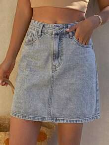 DAZY Women's Casual Solid Color Washed Pocket White Straight Denim Skirt, Spring/Summer - Light Wash - View 3