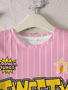 LOONEY TUNES X SHEIN Tween Girls' Striped Letter & Cartoon Print Casual Versatile Daily Wear Short Sleeve T-Shirt - White - View 4