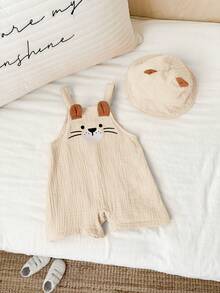 SHEIN 男女通用新生兒嬰兒 100%純棉 2件組 春夏可愛小獅子設計 皺褶面料 3D短褲吊帶褲與帽子套裝，嬰兒連身褲，嬰兒夏季套裝，嬰兒夏季衣物 - 杏色 - 查看 5