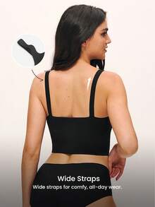 LUVLETTE Bra Tanpa Kawat Tanpa Jahitan 2-in-1 Model Leher Persegi Terintegrasi, Cami Tanpa Punggung, Bra Santai Panjang, Atasan Tank Top Hitam Dasar - Hitam - View 3