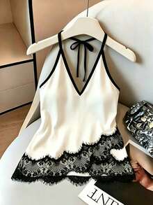 SHEIN EZwear 女款對比蕾絲時尚性感掛脖上衣 - 杏色 - 查看 1