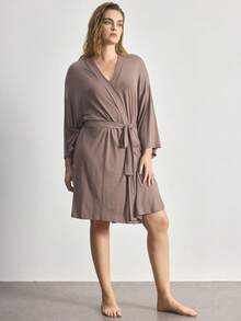 Ocili Plus Size Leisure Ultra Soft Robe, Silky & Breathable, Pairs Well With All Basics - Brown - View 4