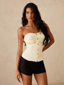 SHEIN Glamour Sexy heißes Mädchen minimalistisches Damen Bandeau Top, gelbes Strick Bandeau Stil mit Blumenknopfleiste in der Mitte vorne, geeignet für den täglichen Arbeitsweg, Junggesellinnenabschied, Strandurlaub, Abendparty, Lässig Top, Sommer Top - Gelb - Übersicht 4