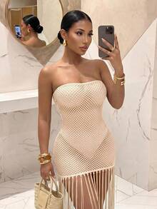 Slaydiva White Strapless Crochet Mesh Hollow Out Fringe Hem Maxi Dress - Sexy Boho Beach Vacation Club Dress Summer - Apricot - View 7