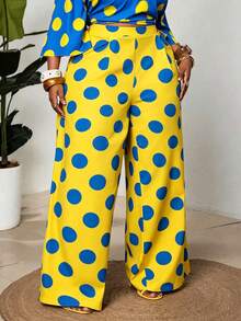 Maweii Plus Size Women's Dopamine High Saturation Color Block Polka Dot Draped Wide Leg Pants, Slimming Straight Leg Long Pants, Summer Vacation Casual Floor-Length Pants - Pale Yellow - View 4