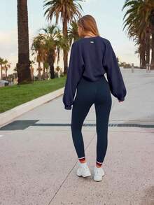 Aralina Women's Solid Color Dropped Shoulder Long Sleeve Casual Cropped Cardigan - Navy Blue - View 2