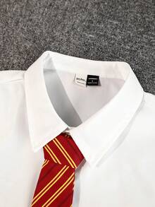 HARRY POTTER X SHEIN PAVTROS XIP 聯名款男士印花襯衫附領帶，儀式穿著 - 白色 - 查看 3