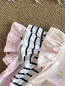 SHEIN Vintaside Kids 3套女嬰可愛粉色條紋波點花卉女孩圖案荷葉邊短袖柔軟T恤上衣與褲子套裝，日常春夏季 - 彩色 - 查看 6