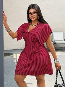 Maweii Plus Size Women's Burgundy Striped Lapel Collar Dress, Sleeveless Waist-Defining Slimming Short Blazer Dress, Suitable For Office Commute, Business Meetings, Mature Dating, Burgundy Fine Stripes With Vintage High-End Feel, Large Lapel Design For Crisp And Elegant Look. - Multicolor - View 5