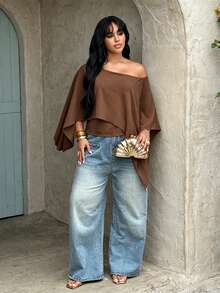 Rustia Plus Size Women's Solid Color Spring/Summer Asymmetric Shoulder Cape Style T-Shirt - Coffee Brown - View 4