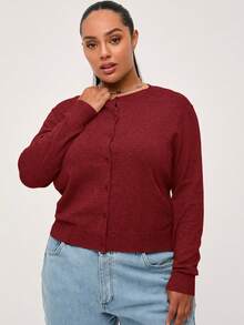 SHEIN BASICS 素色休閒傳統優雅長袖大尺碼開襟衫，適合秋季商務辦公正式場合與俱樂部，酒紅色，教師節適用 - 酒紅色 - 查看 4