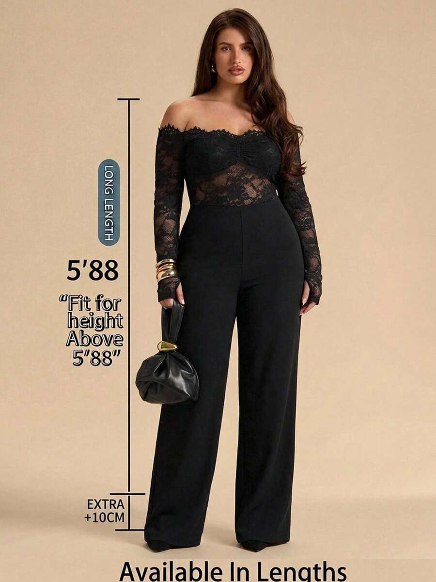 SHEIN Tall CURVE جمبسوت رسمية أنيقة للسمينات بتصميم كتف مكشوف مع تطريز الدانتيل